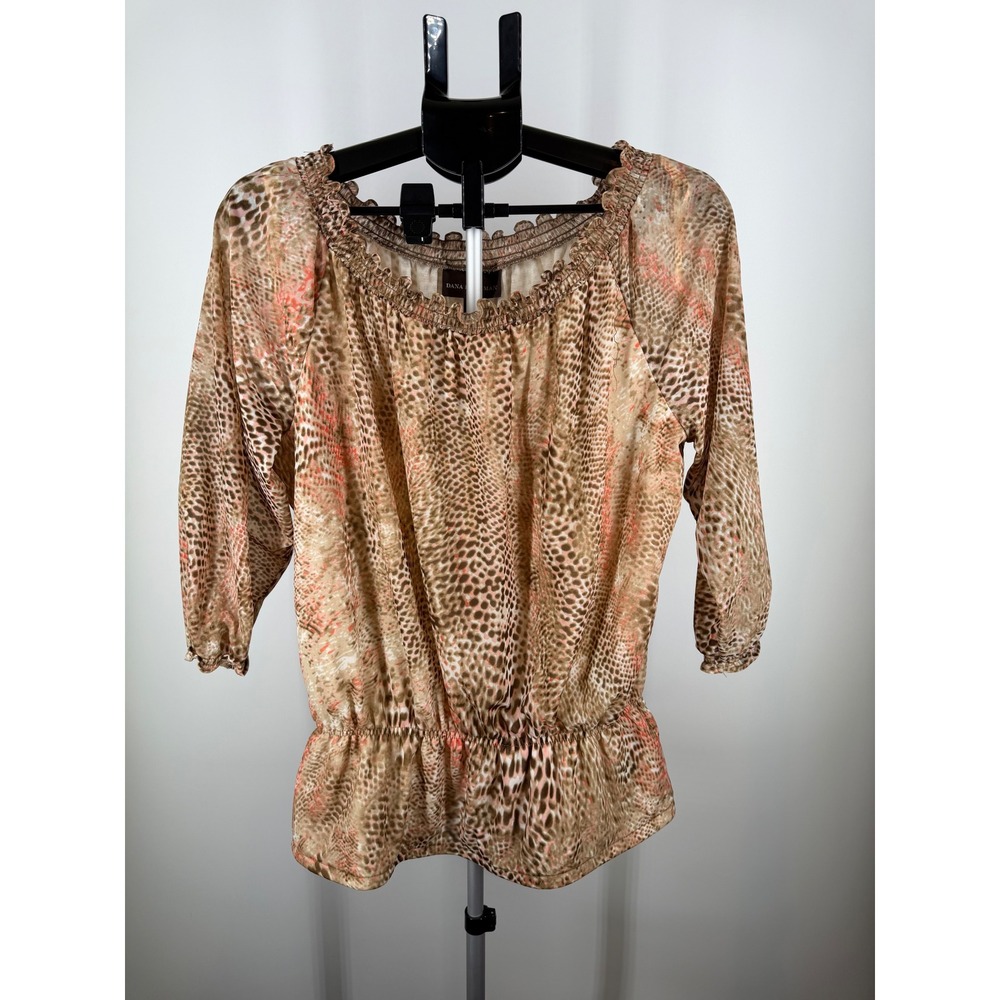 Dana Buchman Animal Print Peplum Blouse Brown Coral Elastic Waist L